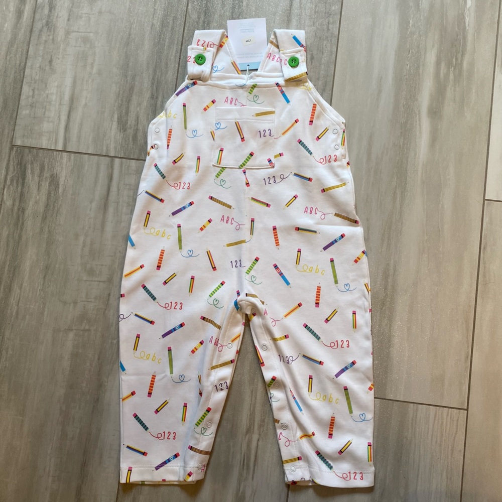 NWT Bella Bliss Pima Back to School Cotton Overalls with Colorful Pencils, 12M
